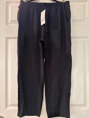 Zara Black Relaxed Fit Elastic Waist Pants With Pockets L